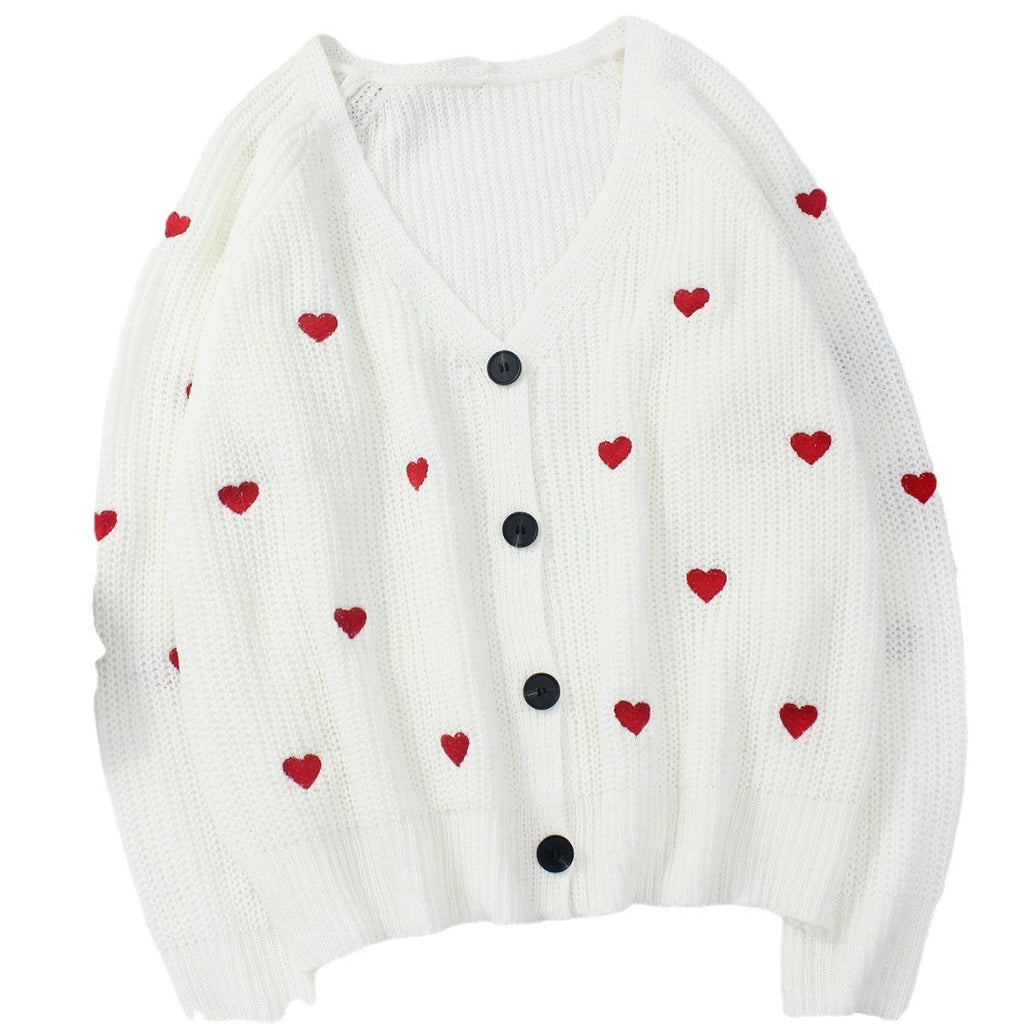Heart-themed Embroidered Knit Single-Breasted V-Neck Sweater Coat