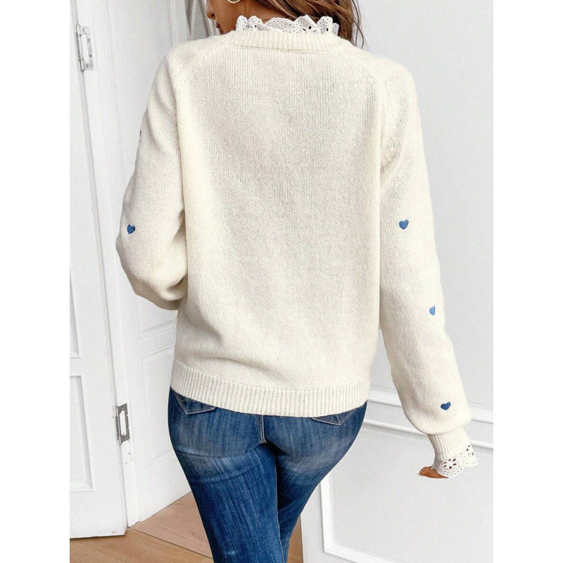 Womens Heart-Shaped Embroidered Patchwork Knit Base Layer Top