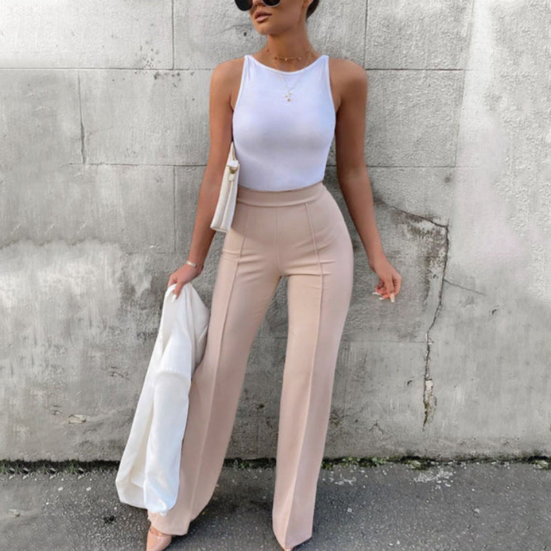 Slim Fit Slightly Flared Versatile High Waist Wide Leg Trousers