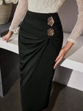 Womens Pleated Skirt With Rose Metal Buckle Detailing