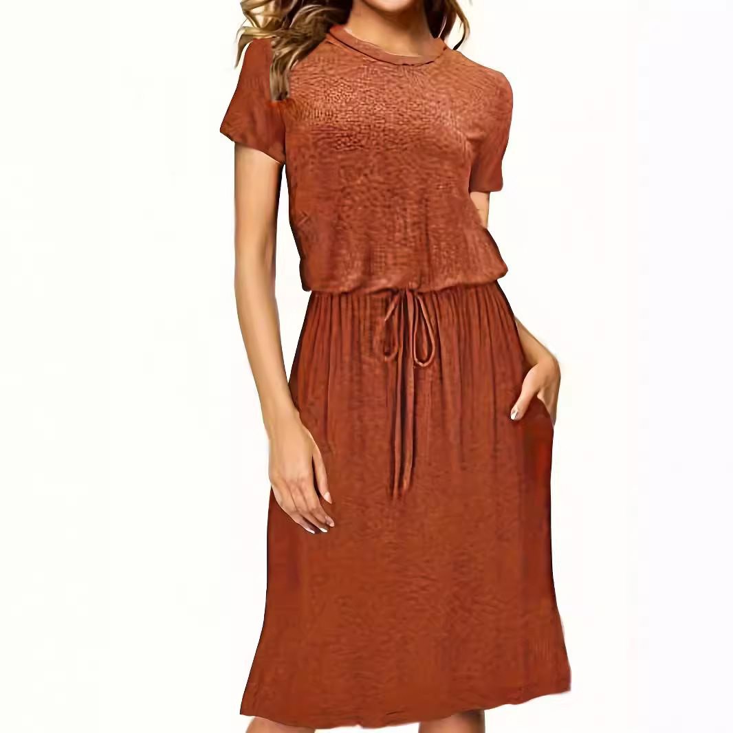 Waist-tight Pure Color Split Irregular Crew Neck Dress