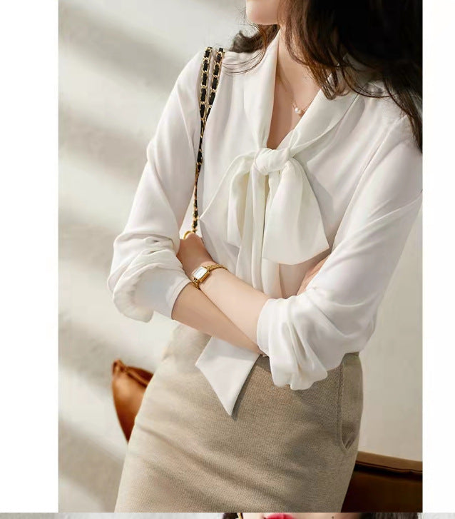 Womens Solid-Color Casual Loose Shirt With Ribbons