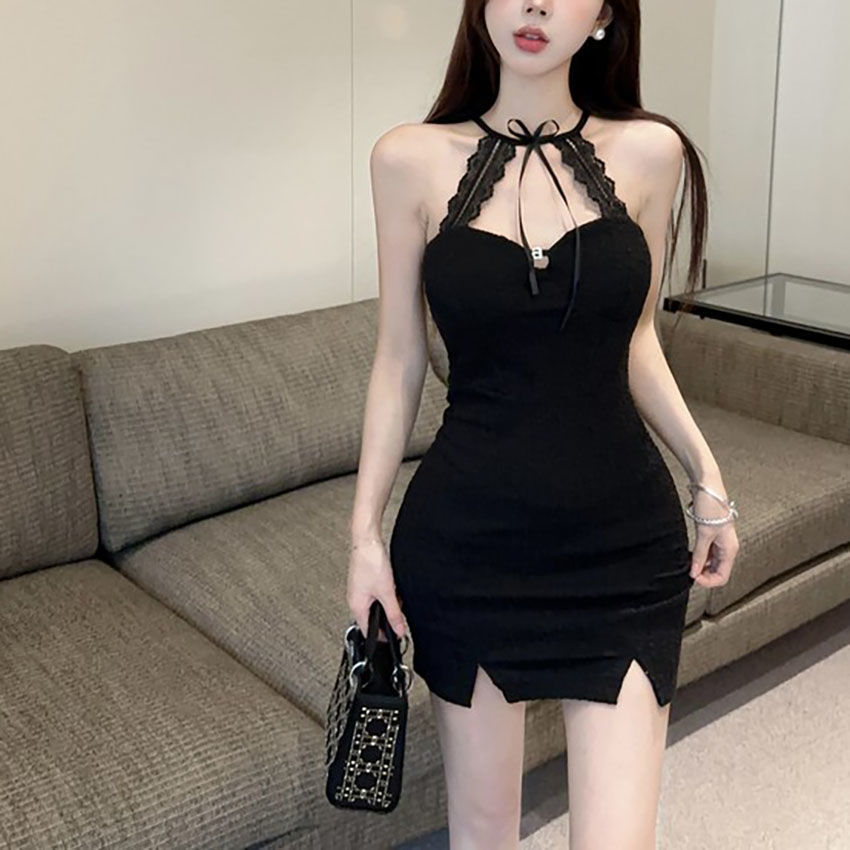 Chic Black Lace Halterneck Slip Dress With A Spice Girl Vibe For Women