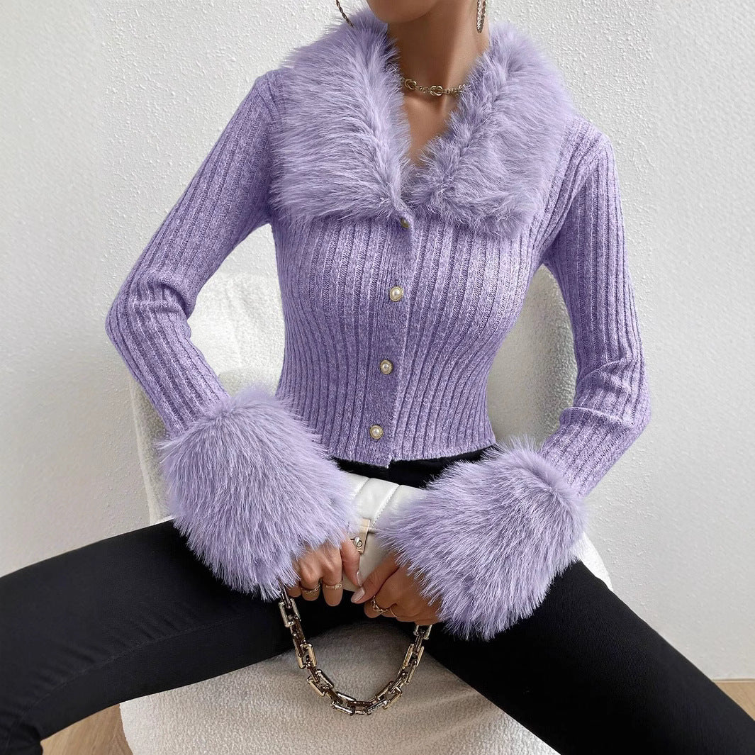 New V-neck Knitted Cardigan With A Slim Fit And A Fur-trimmed Collar