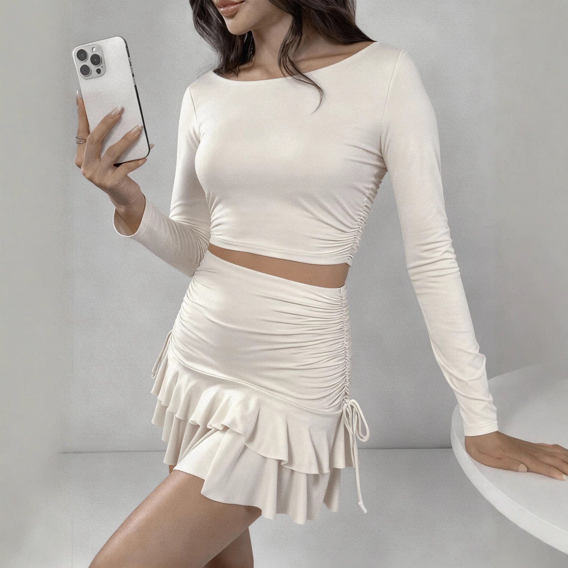 Slimming Ruched Bodycon Skirt And Long-Sleeve Top Two-Piece Set For Women