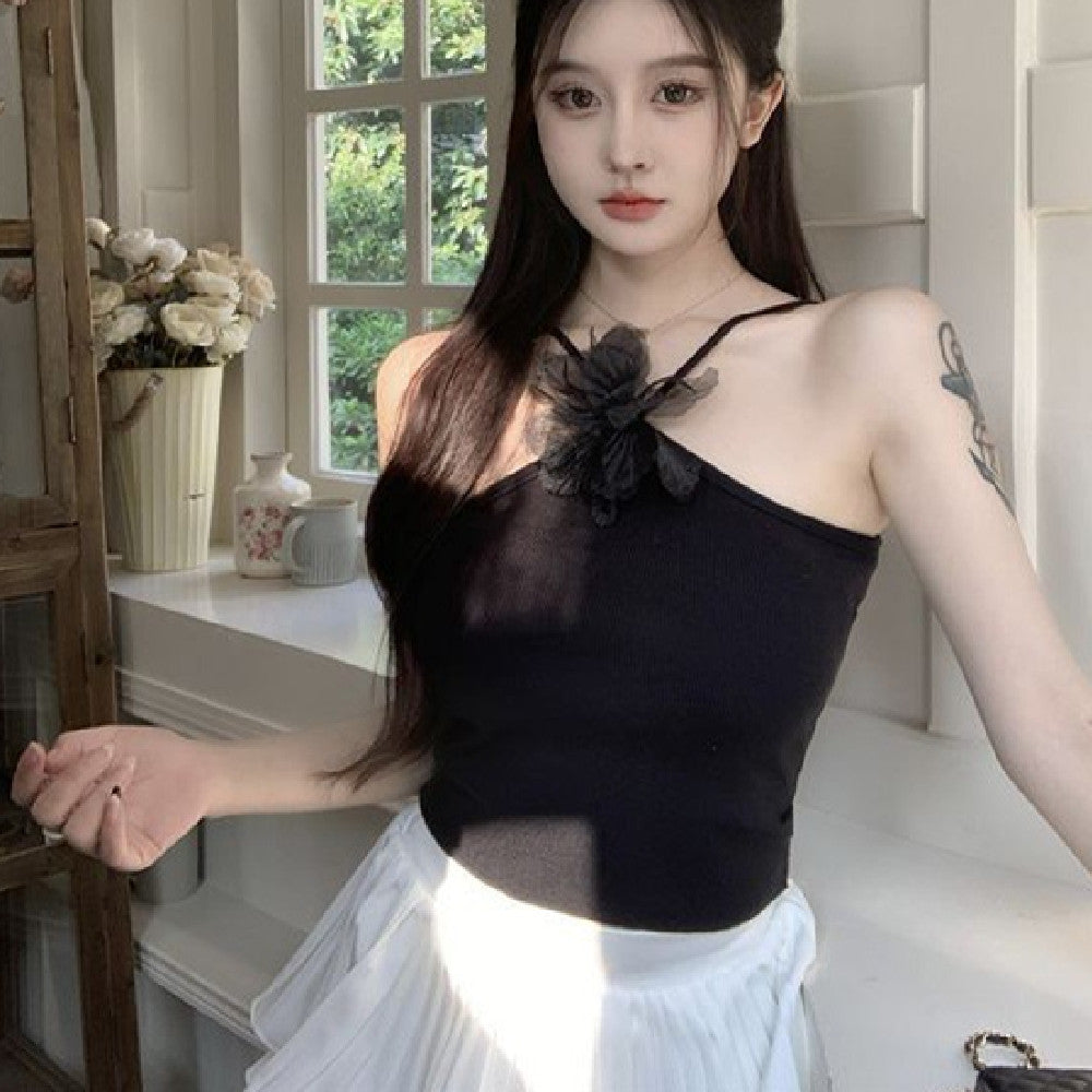 Hanging Neck Unique Knitted Tank Top Flower Bra Top