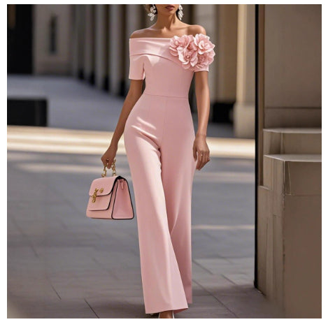 Womens Off-the-Shoulder 3D Floral Patchwork Wide-Leg Jumpsuit