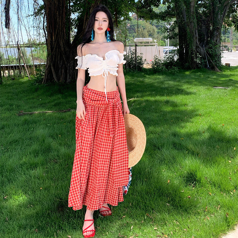 Youthful Red Plaid Skirt With Designer Flair Versatile Two-Way Skirt Set With A Strappy White Backless Top