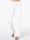 Solid-color Drawstring-pocket Loose Casual Wide-leg Linen Pants