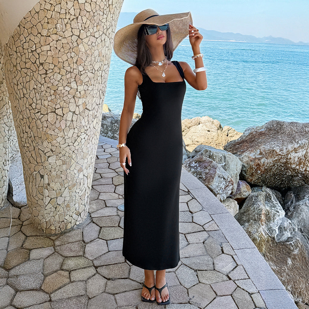 Elegant Square-neck Solid-color Slim-fit Dress For Women