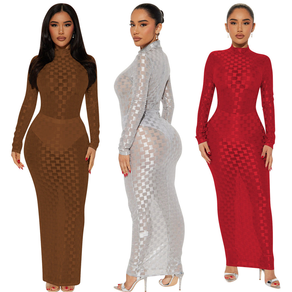 Fashionable Mesh Plaid Dress For Women