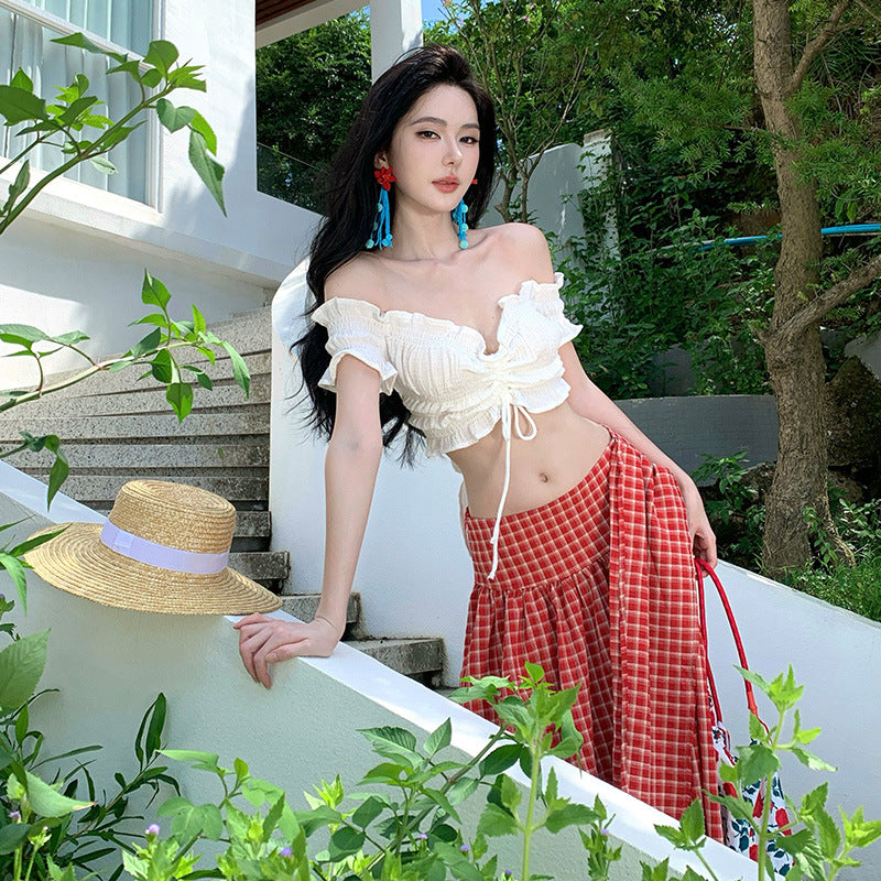 Youthful Red Plaid Skirt With Designer Flair Versatile Two-Way Skirt Set With A Strappy White Backless Top