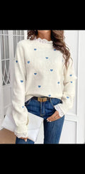 Womens Heart-Shaped Embroidered Patchwork Knit Base Layer Top