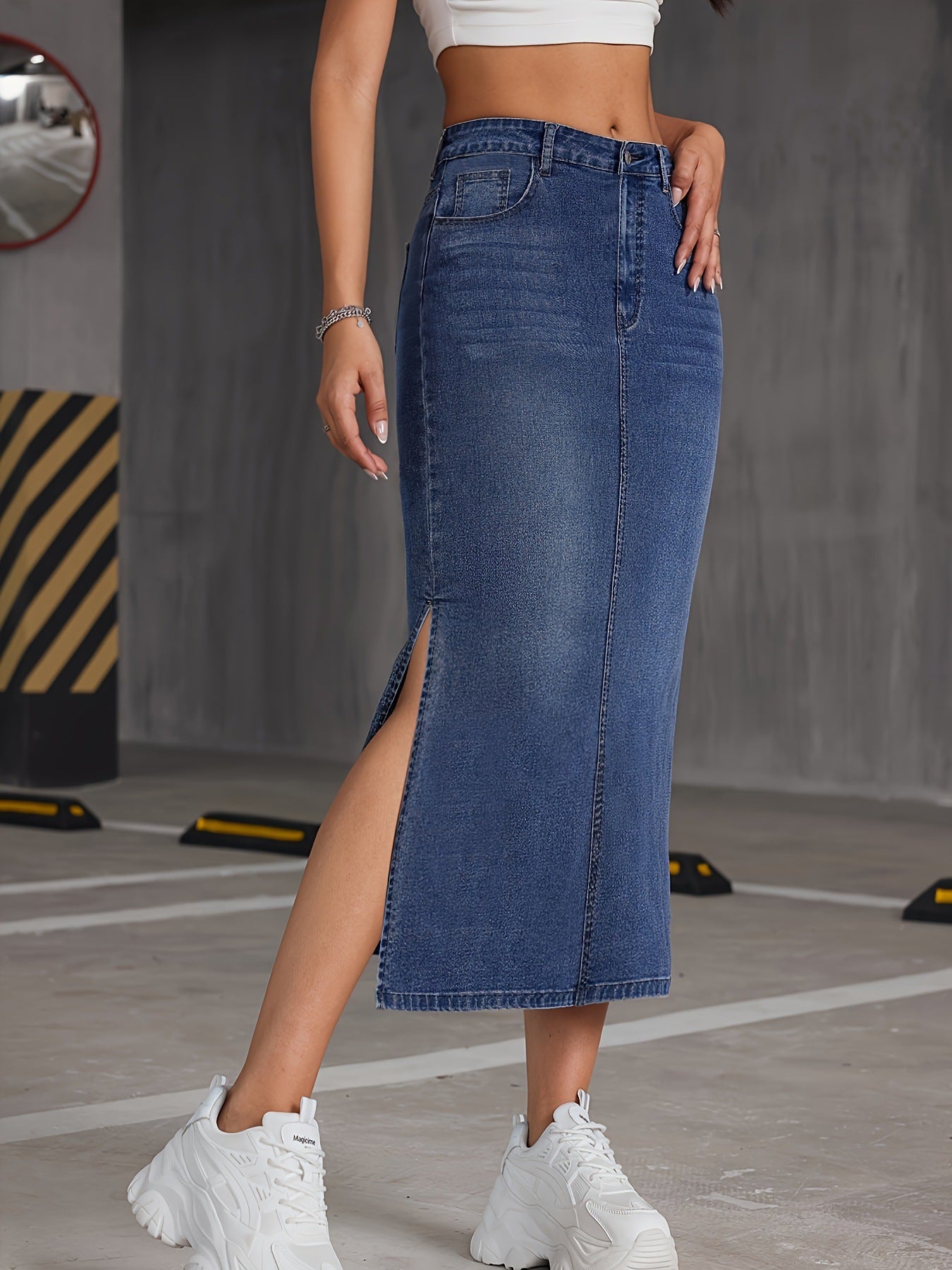 American-style Vintage Washed Color-block Bodycon Skirt