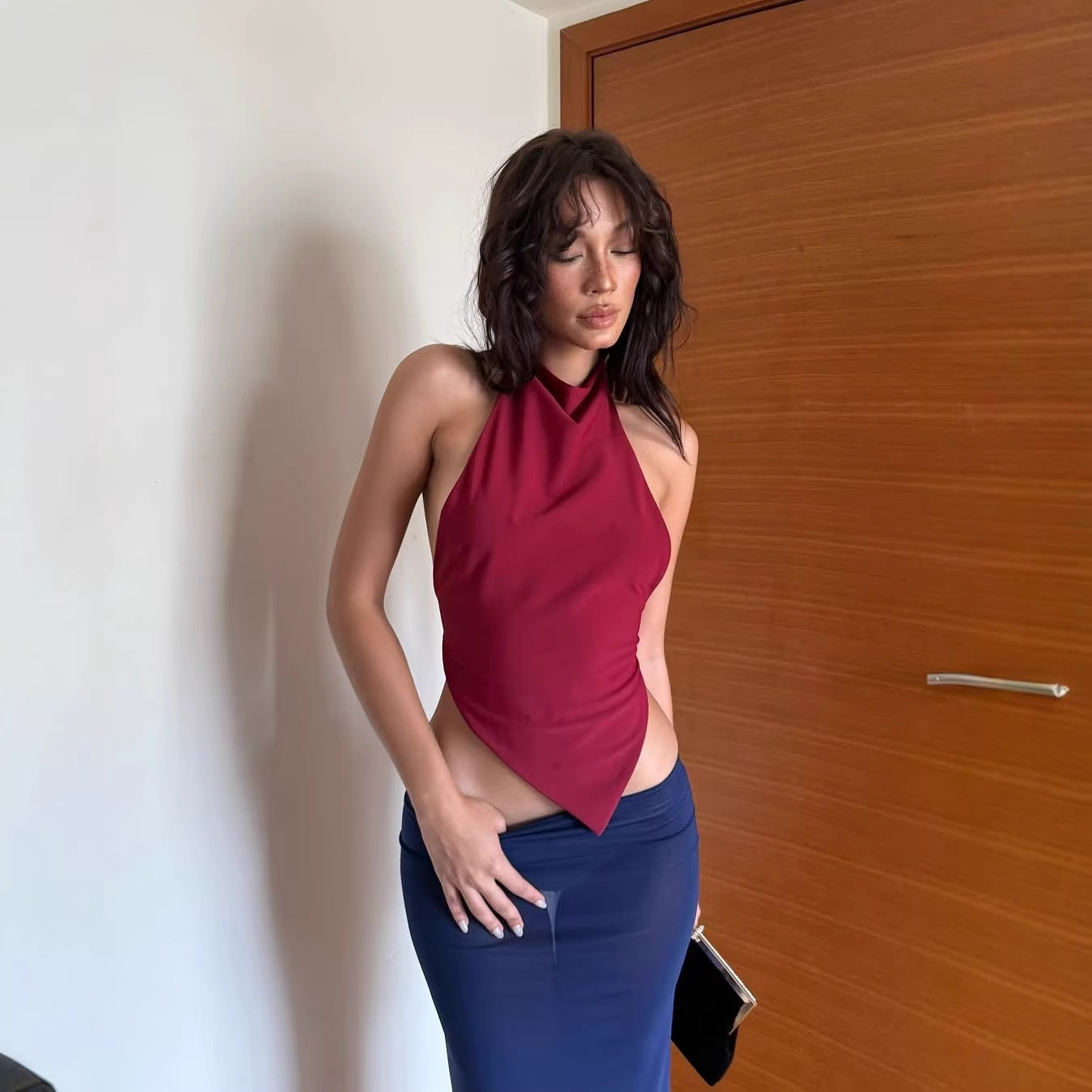 Womens Irregular Backless Halter Top With A Neck-strap Design