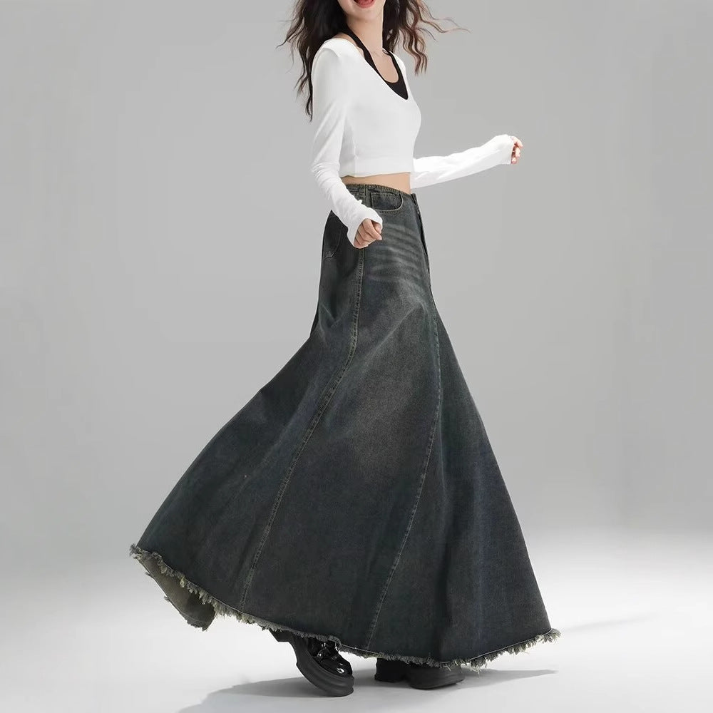 High-waisted Figure-flattering A-line Flared Retro Denim Skirt That Hugs The Hips