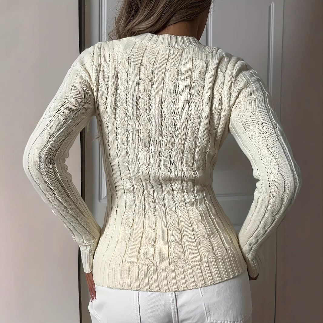 V-neck Cable-knit Sweater Versatile Long-sleeve Knit Top
