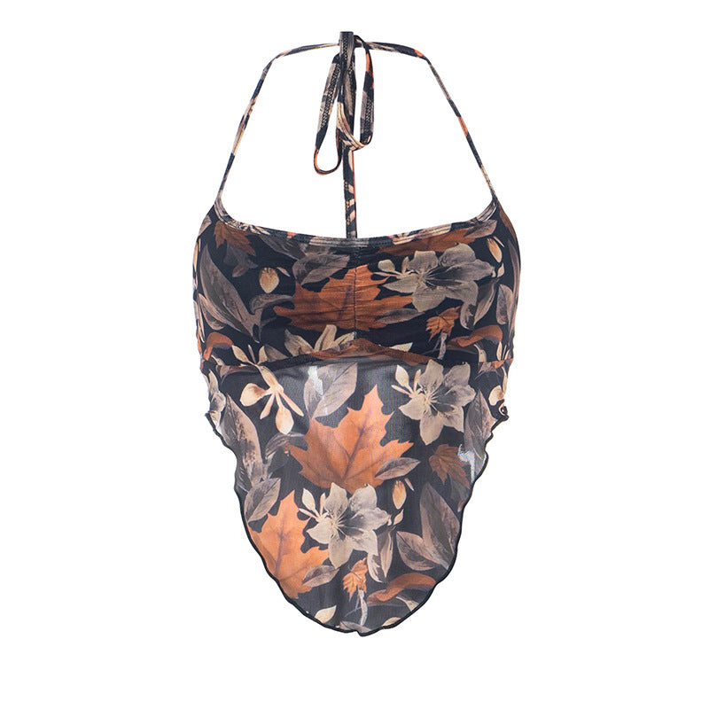 Retro Style Spicy Girl Maple Leaf Printed Camisole Short Vest Top For Women