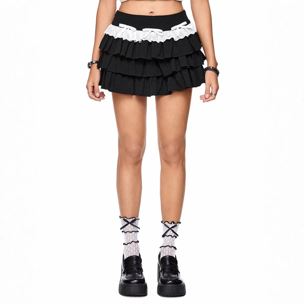 Allure-Driven Pleated Ruffle Lace Contrast Color Skirt For Women