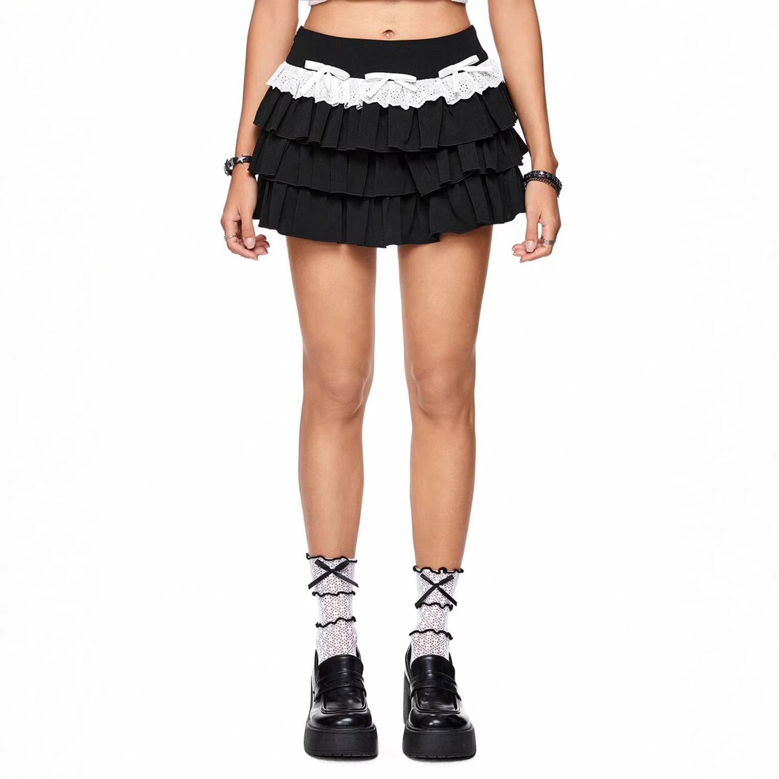 Allure-Driven Pleated Ruffle Lace Contrast Color Skirt For Women