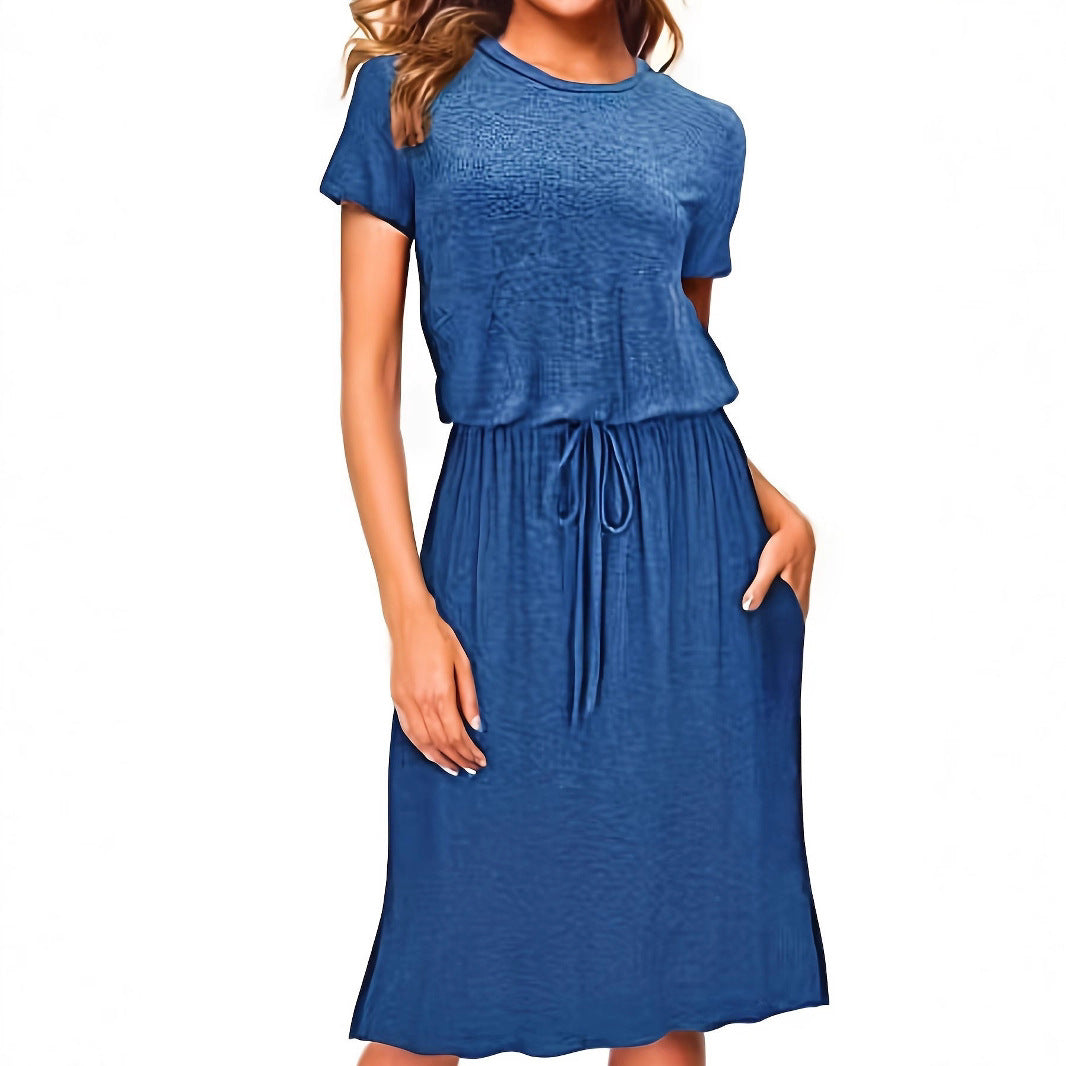 Waist-tight Pure Color Split Irregular Crew Neck Dress