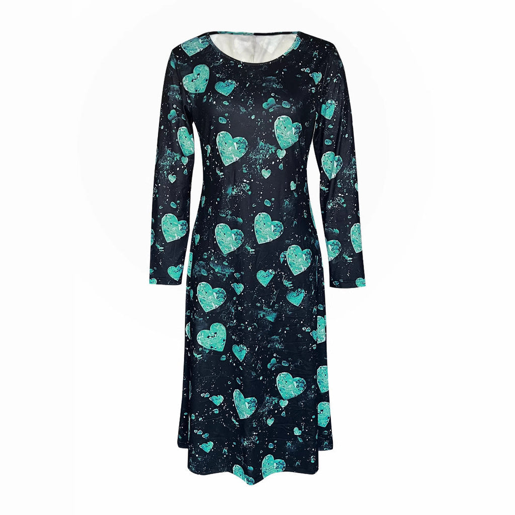 Womens Crew-Neck Casual Valentines Day Dress With A Heart And Digital Print