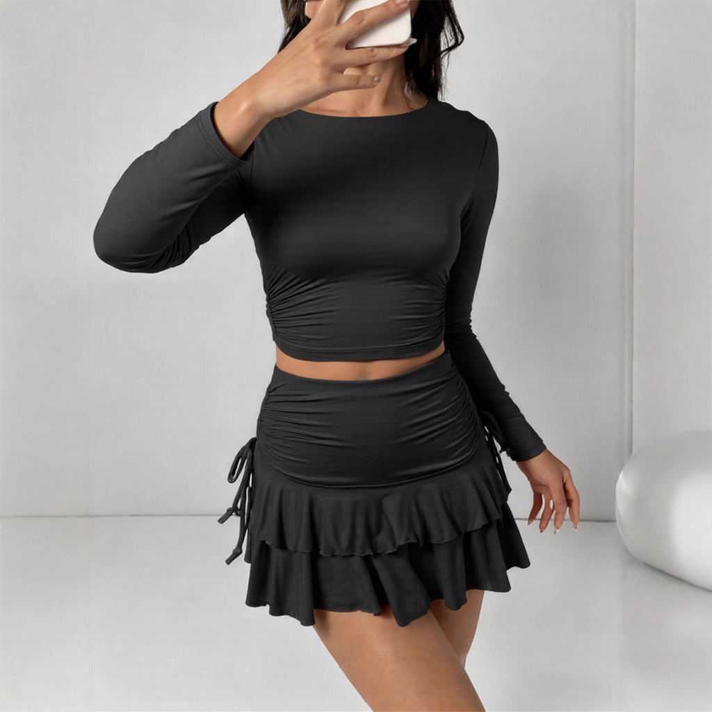 Slimming Ruched Bodycon Skirt And Long-Sleeve Top Two-Piece Set For Women