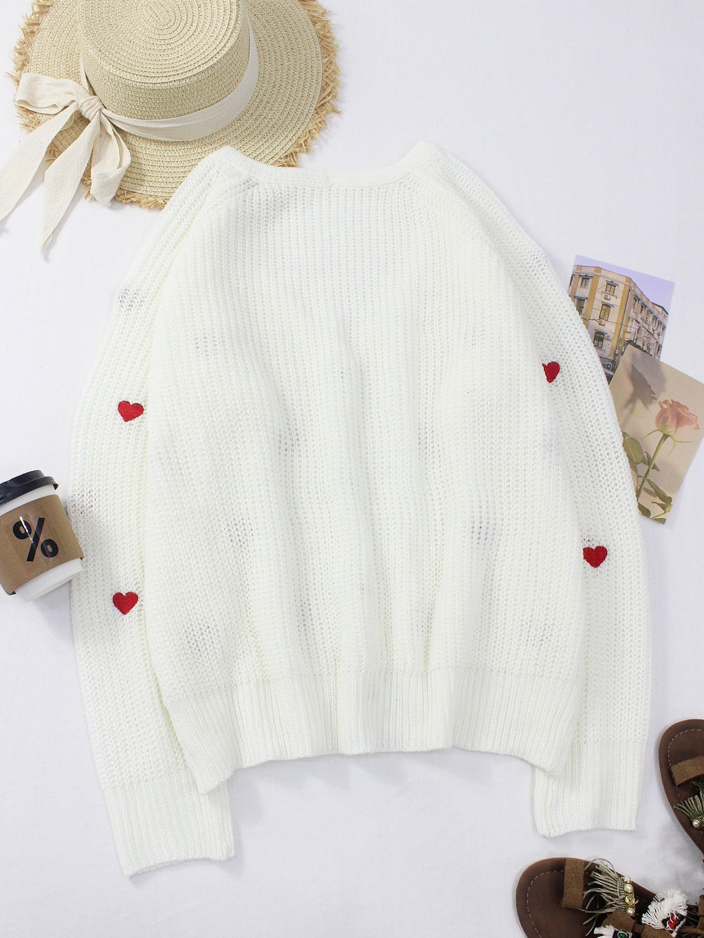 Heart-themed Embroidered Knit Single-Breasted V-Neck Sweater Coat