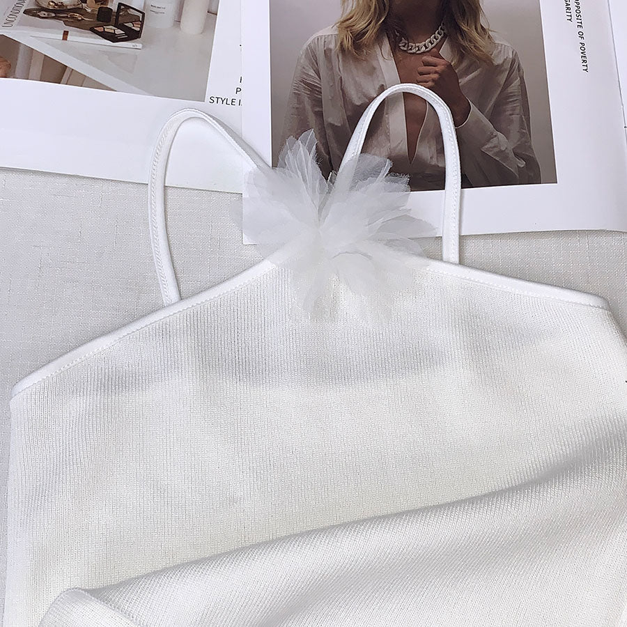 Hanging Neck Unique Knitted Tank Top Flower Bra Top