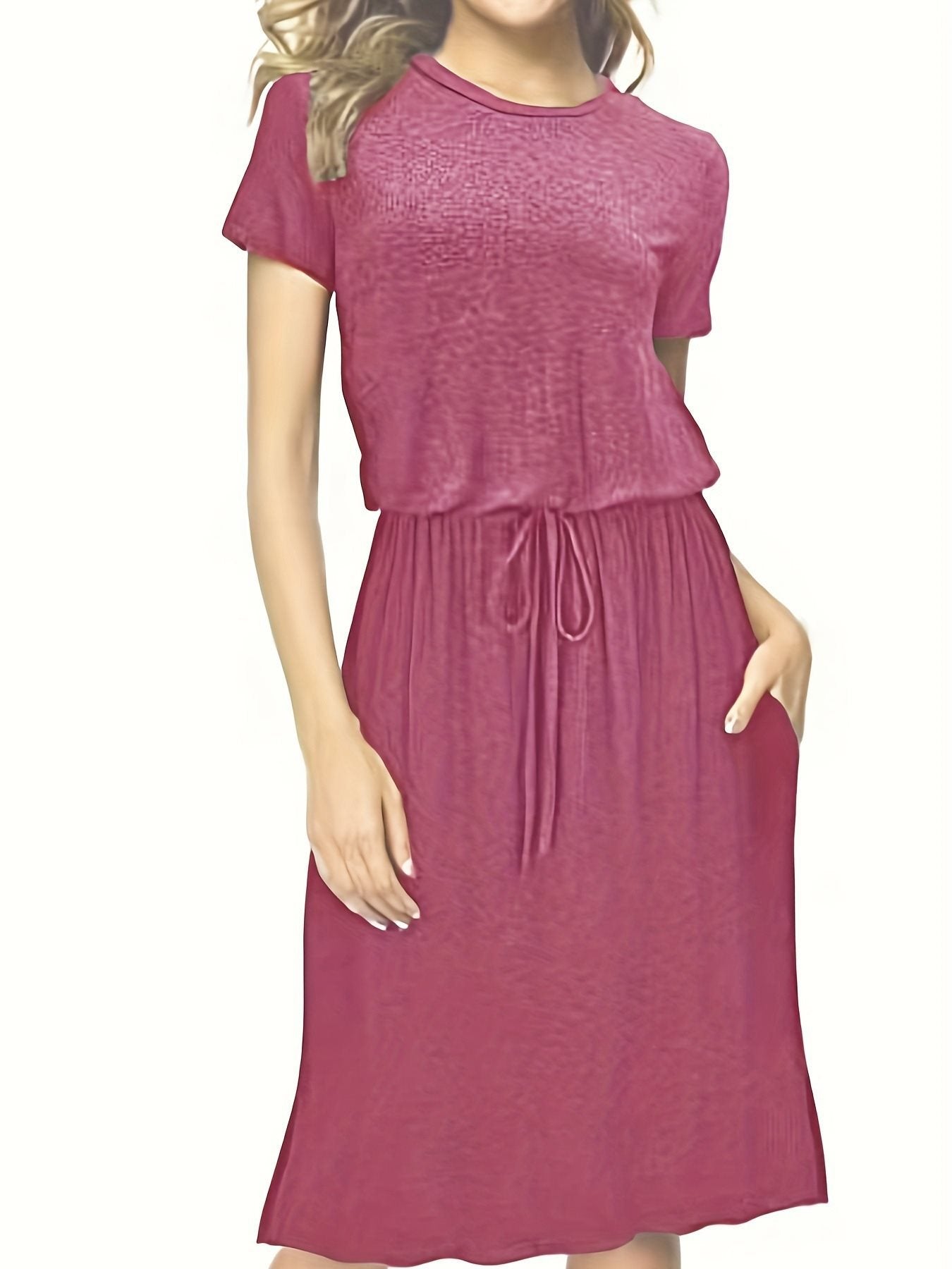 Waist-tight Pure Color Split Irregular Crew Neck Dress