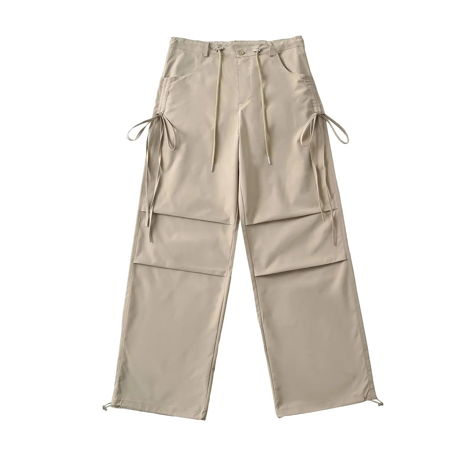 Lace-up Loose-fit Slimming Straight-leg Wide-leg Casual Pants