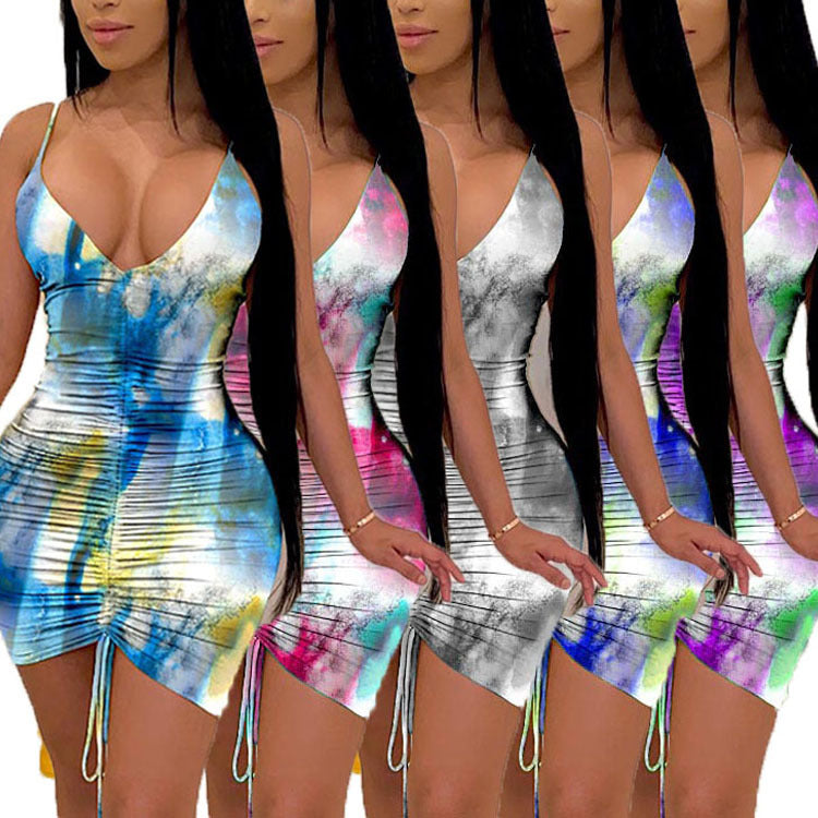 Deep V-neck Tie-dye Print Slim Fit Dress