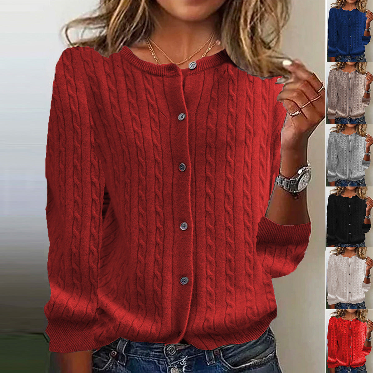 Womens Andi Fleece Crew-Neck Knitted Linen-Flower Cardigan Sweater