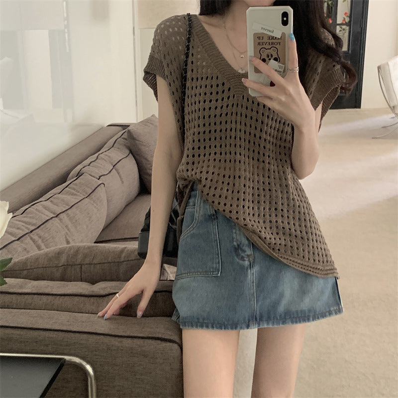 Blouse Hollow Out V-neck Knitwear Short Sleeve Vest Off-shoulder Broken Hole Design