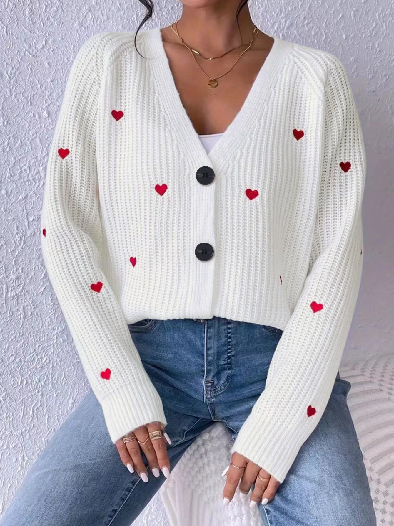 Heart-themed Embroidered Knit Single-Breasted V-Neck Sweater Coat