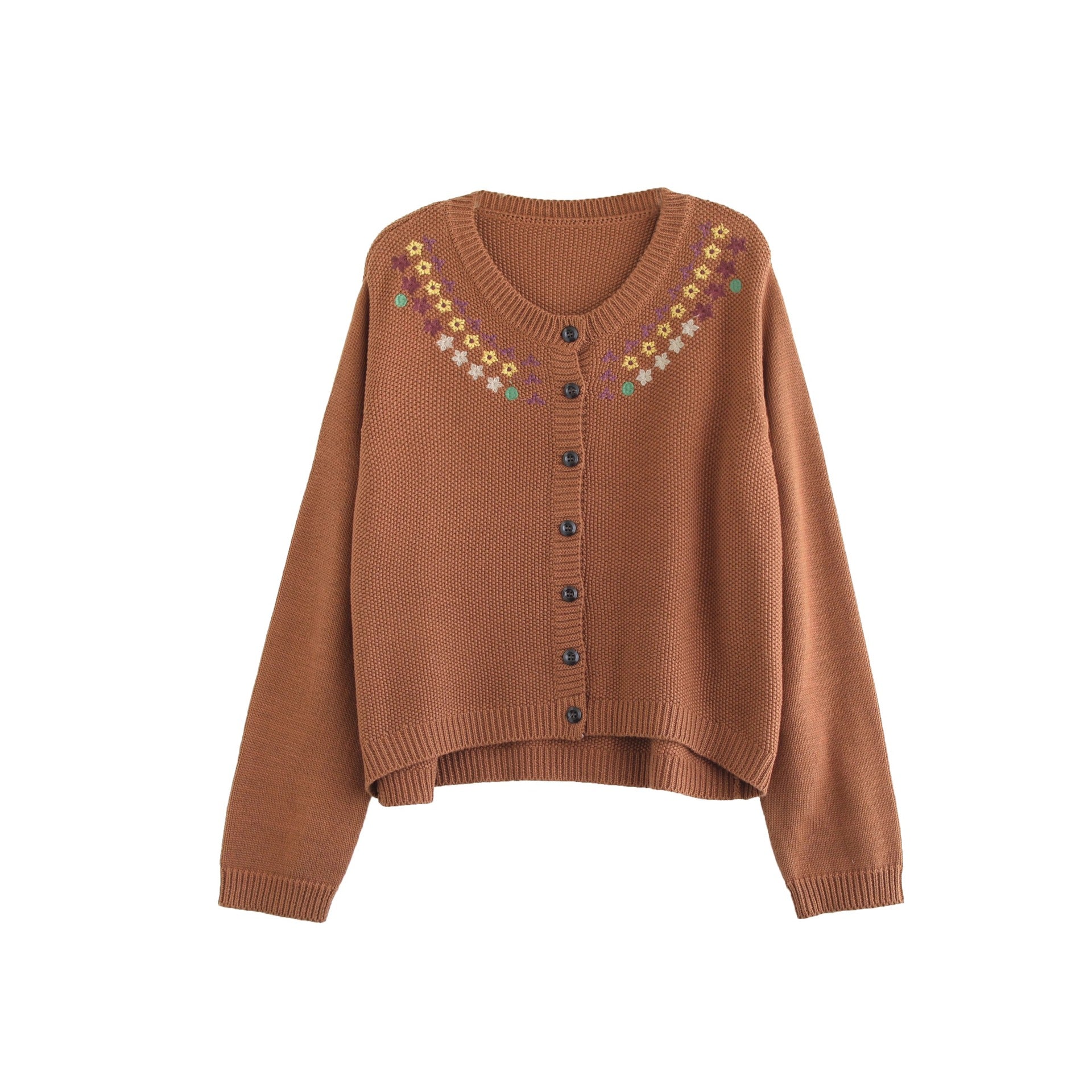Womens Retro Embroidered Crew-Neck Long-Sleeve Top