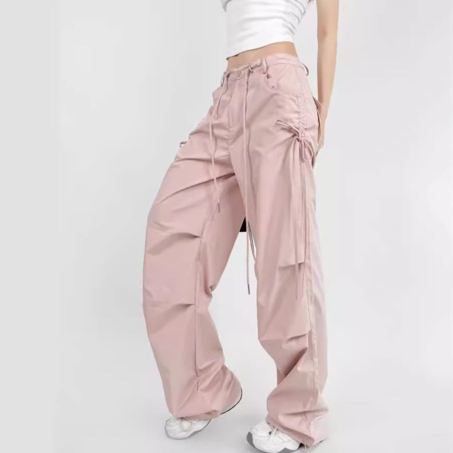 Lace-up Loose-fit Slimming Straight-leg Wide-leg Casual Pants