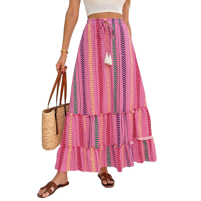 Womens Tassel-Laced Ethnic-Style Striped Printed Skirt