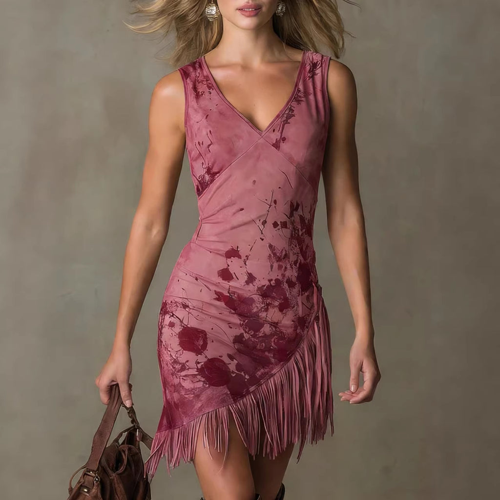Fringed Ink-Print Mini V-Neck Dress