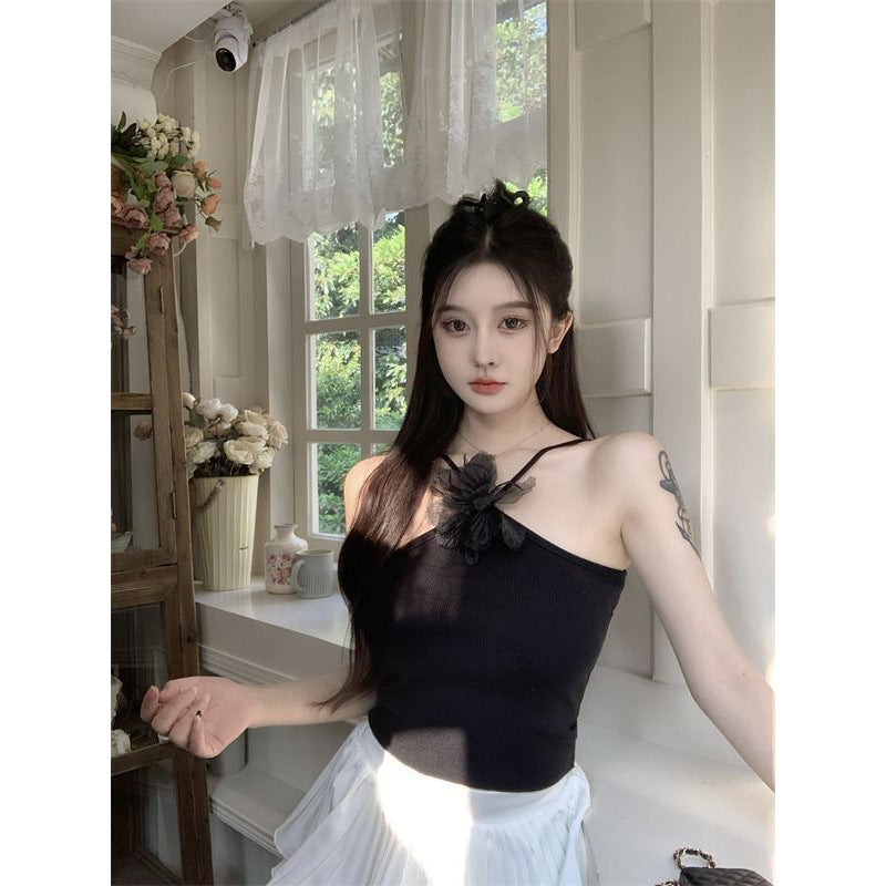 Hanging Neck Unique Knitted Tank Top Flower Bra Top