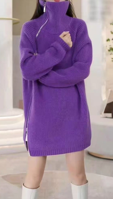 Loose, Mid-Length Effortless-Style Knitted Sweater For Women With Side Zipper And Lapel Design