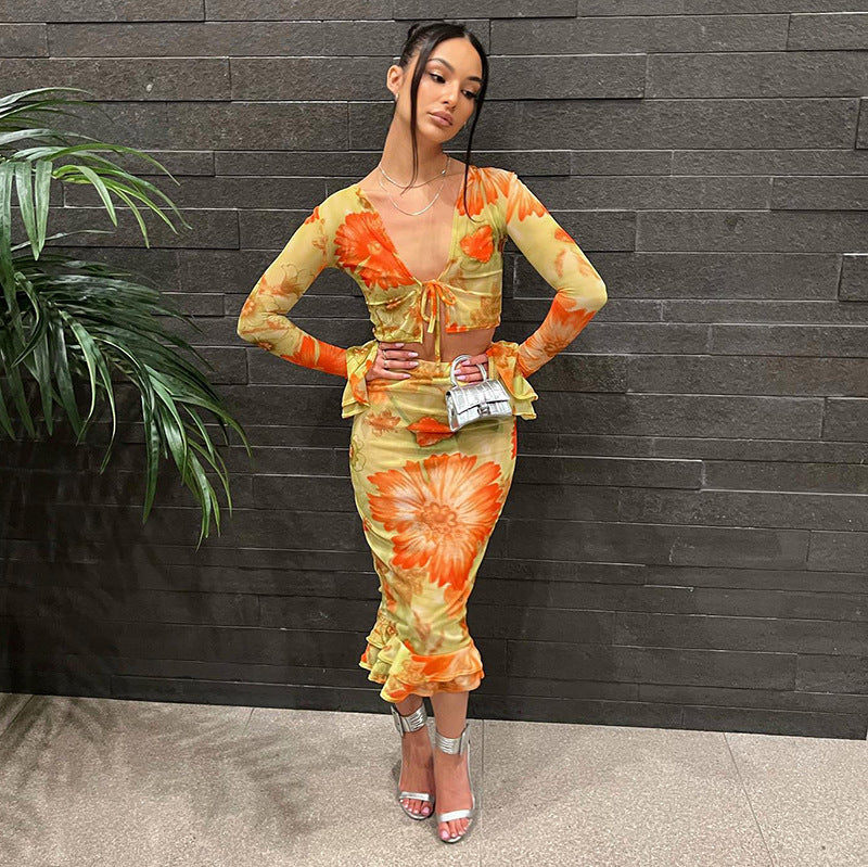 Womens Floral Print Midriff Baring Flared Sleeve Ruffle Trim Swimsuit Dress Set