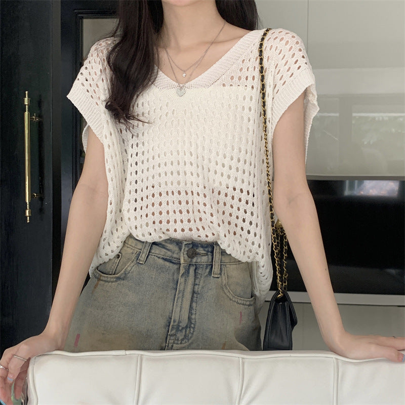 Blouse Hollow Out V-neck Knitwear Short Sleeve Vest Off-shoulder Broken Hole Design