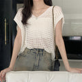 Blouse Hollow Out V-neck Knitwear Short Sleeve Vest Off-shoulder Broken Hole Design