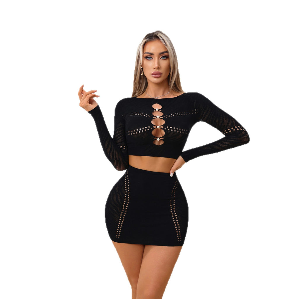 Womens Hollow-out Top And Skirt Two-piece Set