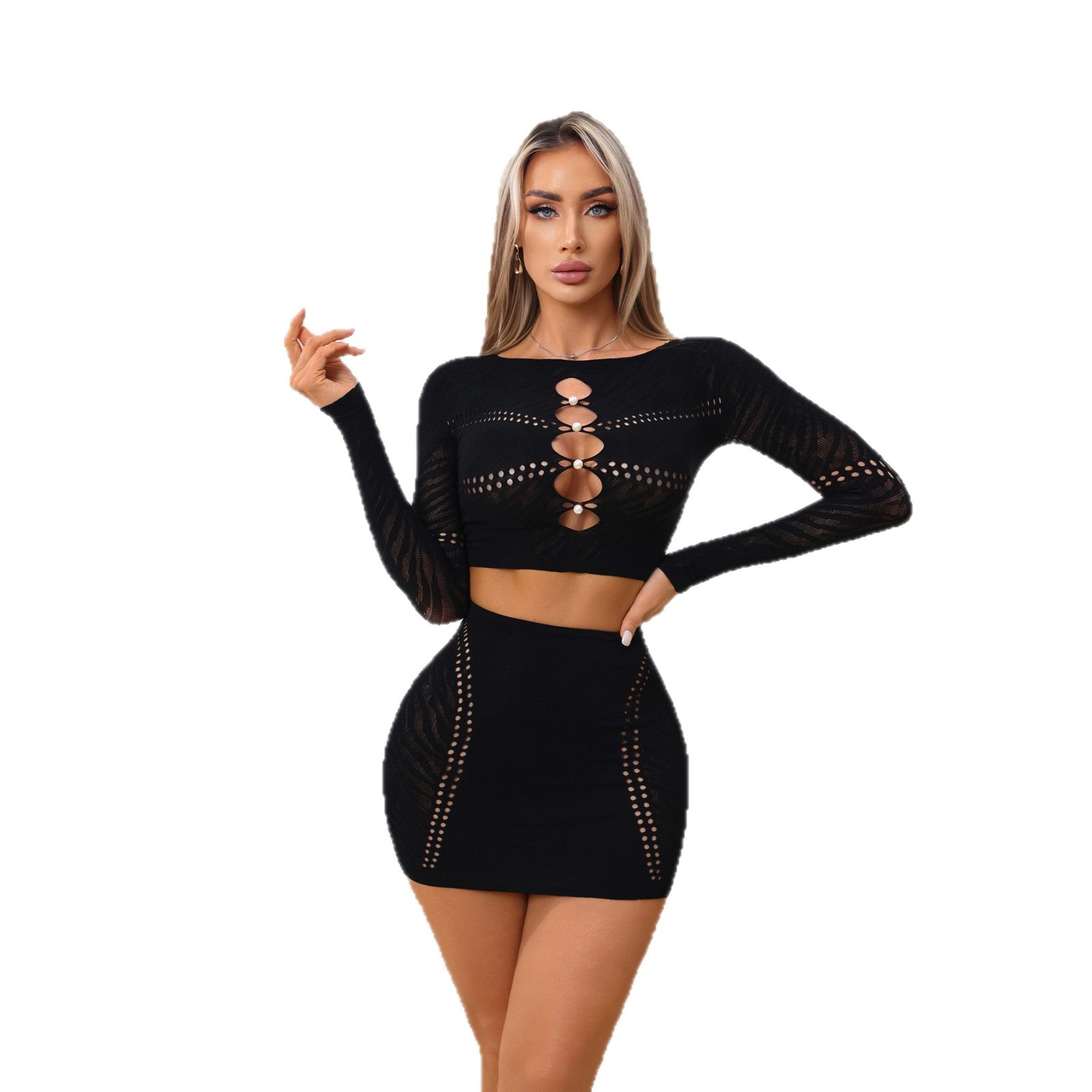 Womens Hollow-out Top And Skirt Two-piece Set