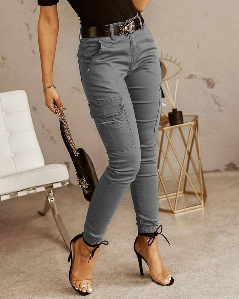 Ankle-length Low-rise Solid-color Cargo Pants With Pockets These Are Slim-fit Leggings