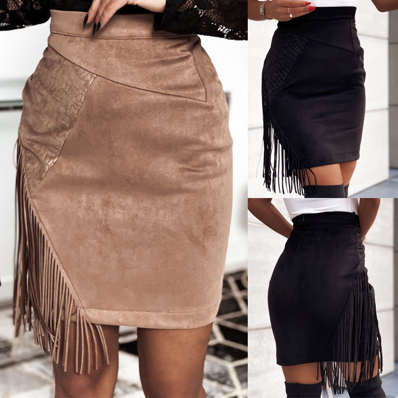 Womens Tassel Leather Skirt With A Suede-inspired