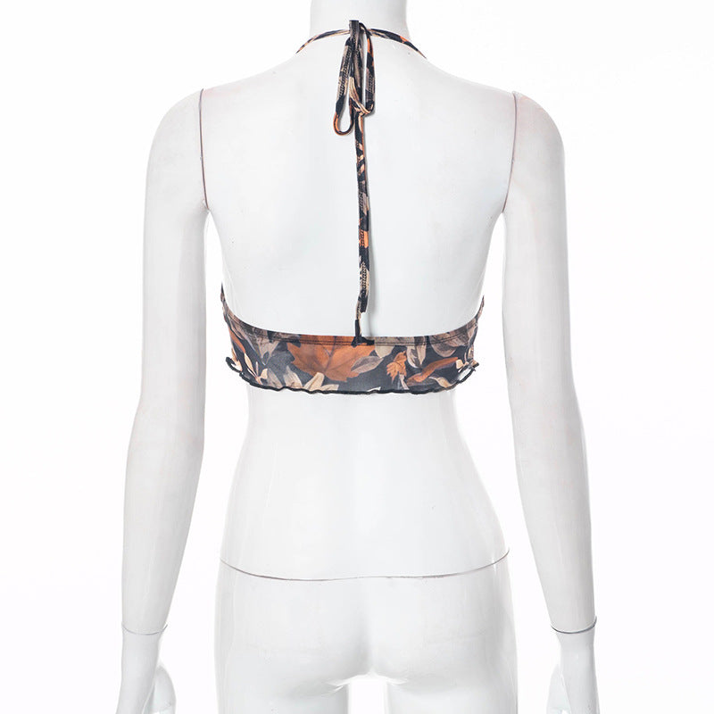 Retro Style Spicy Girl Maple Leaf Printed Camisole Short Vest Top For Women