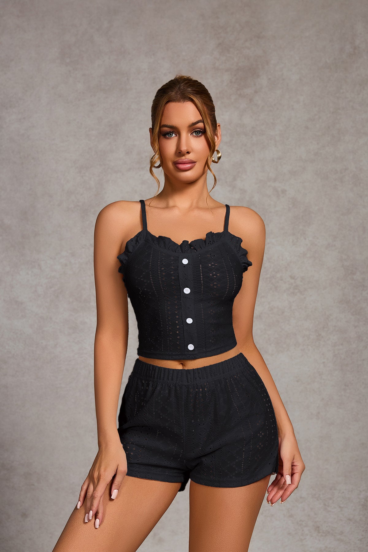 Strap-button Ruffle Crop Top And Shorts Set